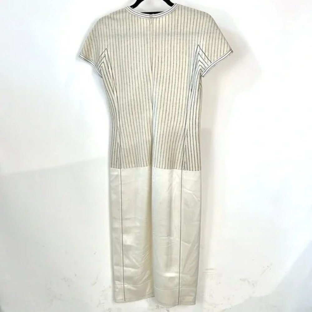 DKNY Ivory Mixed Media Pinstriped Shift Midi Dress